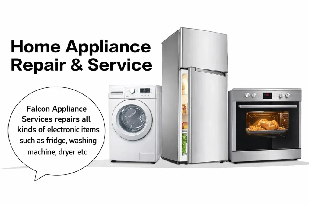 A graphic showcasing a washing machine, refrigerator, and oven, highlighting the top signs your home needs immediate appliance repair from Falcon Appliance Services.