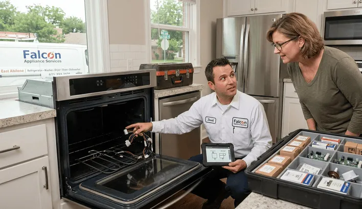 A technician explaining wiring issues inside a built-in wall oven to a homeowner, demonstrating the top signs your home needs immediate appliance repair in East Abilene.