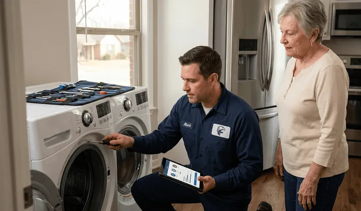 A certified technician pointing out mechanical issues on a washing machine, showing a resident the top signs your home needs immediate appliance repair in North Abilene.