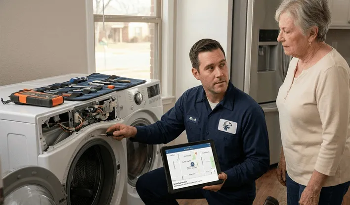 A repair expert pointing to a washer console with a digital multimeter nearby, highlighting the top signs your home needs immediate appliance repair in South Abilene.