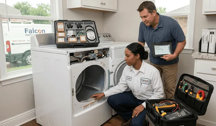 A female technician inspecting a dryer drum alongside a colleague holding a tablet, identifying the top signs your home needs immediate appliance repair in West Abilene.