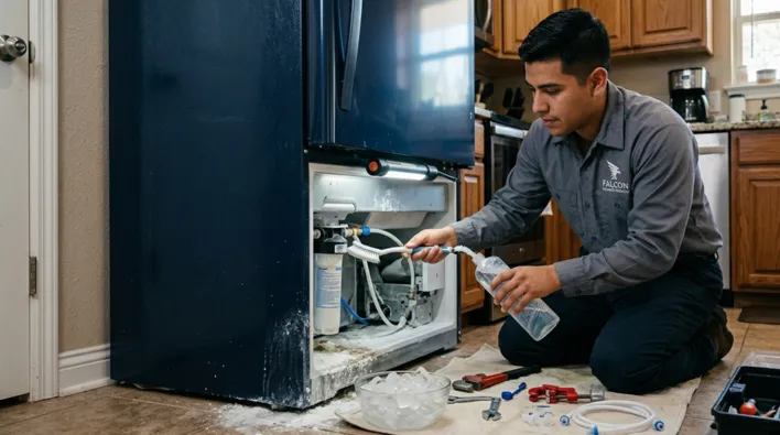 An expert technician from Falcon Appliance Repair kneeling on a kitchen floor, cleaning and inspecting the internal water filter and ice dispenser components of a black refrigerator, addressing one of the top signs your home needs immediate appliance repair: water dispenser issues.