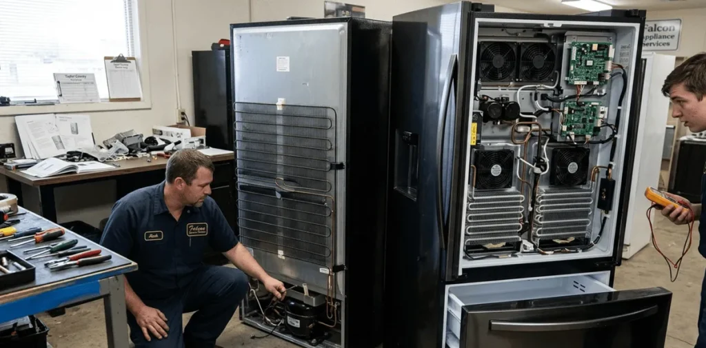 A technician diagnosing a refrigerator breakdown, illustrating the top signs your home needs immediate appliance repair by comparing side-by-side and complex French door internal components in a workshop.