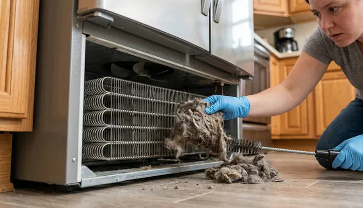 A woman wearing blue gloves pulling a massive clump of thick dust and pet hair from refrigerator condenser coils using a specialized cleaning brush, illustrating one of the top signs your home needs immediate appliance repair due to overheating.