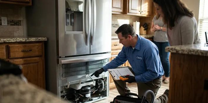An appliance repair technician kneeling in a kitchen, pointing to a refrigerator compressor while explaining the top signs your home needs immediate appliance repair to a customer.