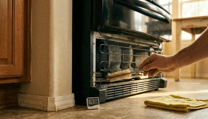 Cleaning dusty refrigerator condenser coils with a long brush to resolve cooling issues, addressing top signs your home needs immediate appliance repair.
