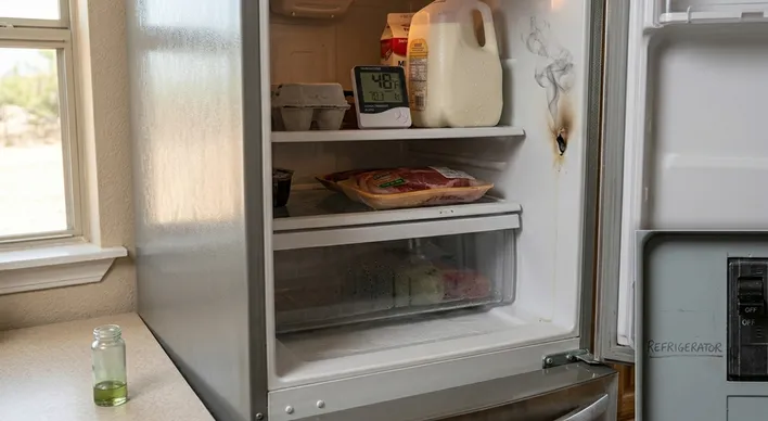 An open refrigerator showing an internal thermometer reading 48 degrees Fahrenheit next to a visible burn mark emitting smoke on the interior wall, illustrating top signs your home needs immediate appliance repair.