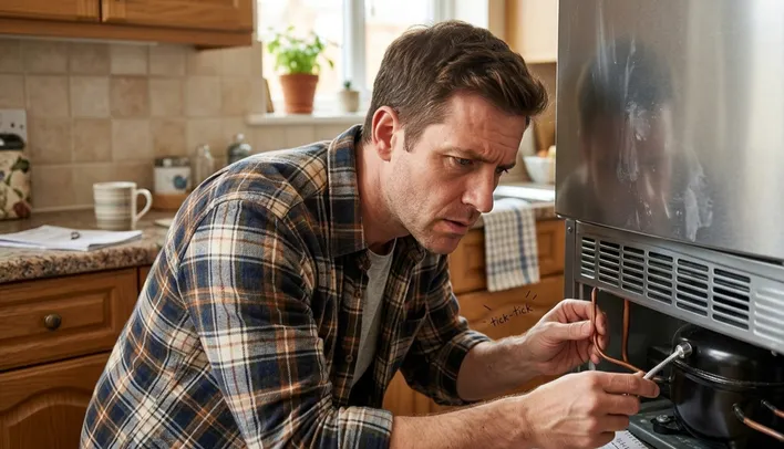 A focused homeowner or technician troubleshooting a strange ticking sound coming from a stainless steel refrigerator compressor, representing one of the top signs your home needs immediate appliance repair.
