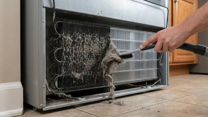 A person vacuuming thick dust and debris off dirty refrigerator condenser coils, a common cause behind a refrigerator making a clicking noise and a key sign your home needs immediate appliance repair.