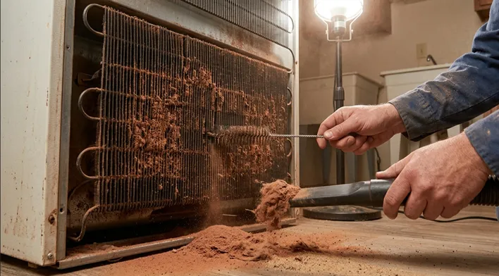 An appliance repair technician using a wire brush and vacuum to clean heavily clogged condenser coils, a key maintenance step when addressing a refrigerator making a rattling noise and a top sign your home needs immediate appliance repair.