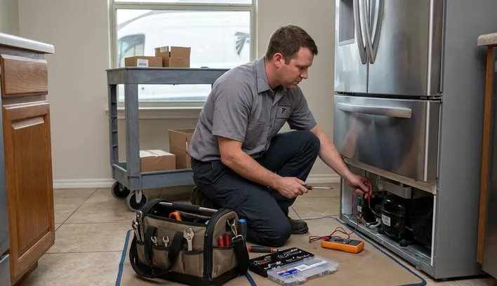 A professional technician performing a complex repair on a modern stainless steel refrigerator in a home kitchen, illustrating one of the top signs your home needs immediate appliance repair.