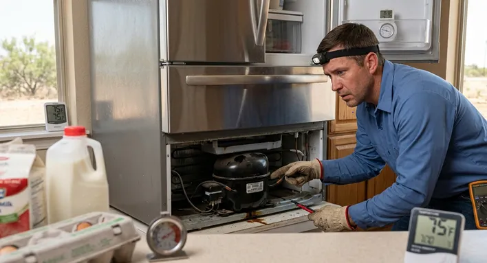 A professional appliance technician wearing a headlamp and work gloves as he diagnoses an overheating stainless steel refrigerator compressor, representing one of the top signs your home needs immediate appliance repair.