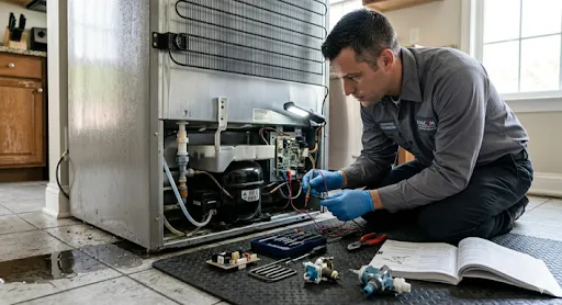 Professional technician diagnosing the compressor and electrical components of a leaking kitchen refrigerator in the Sayles neighborhood.