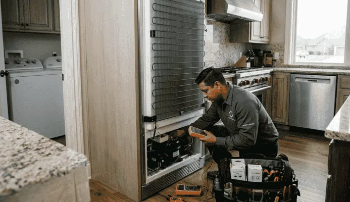 Professional appliance repair technician inspecting a refrigerator compressor in a modern kitchen showing signs your home needs immediate appliance repair.