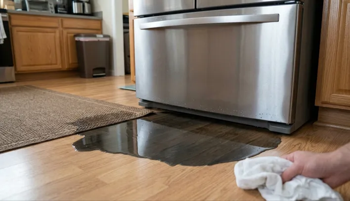 A large puddle of water leaking from underneath a stainless steel French door refrigerator onto a wood laminate kitchen floor, representing one of the top signs your home needs immediate appliance repair.