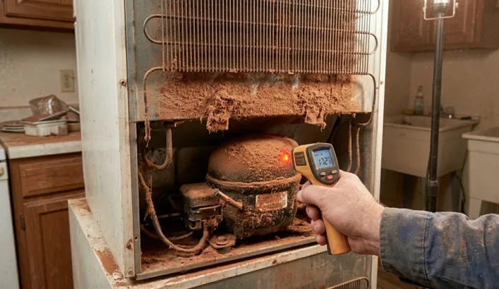 An overheating refrigerator compressor covered in thick dust being tested with an infrared laser thermometer gun, showing one of the top signs your home needs immediate appliance repair.