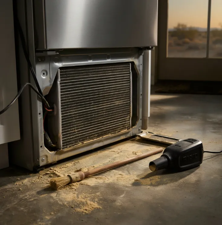 A close-up of a stainless steel refrigerator with its bottom grate removed, revealing fine tan caliche dust coating the condenser coils and floor, serving as a warning for the top signs your home needs immediate appliance repair.