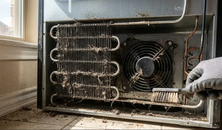 Dirty, dust-covered refrigerator condenser coils being cleaned with a brush, a major warning sign your home needs immediate appliance repair to prevent overheating.
