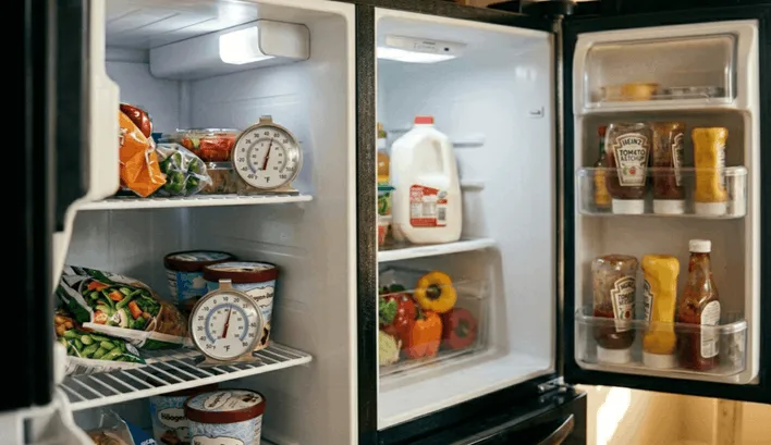 Two internal analog thermometers inside an open refrigerator showing unsafe temperatures above 40 degrees, illustrating top signs your home needs immediate appliance repair.
