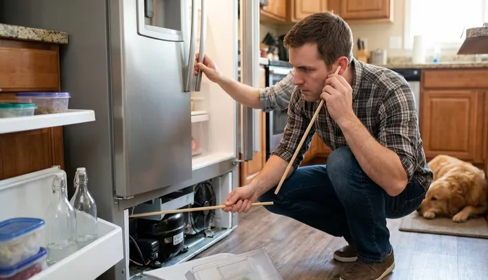 A man troubleshooting a noisy refrigerator compressor, a classic example of the top signs your home needs immediate appliance repair before a complete breakdown occurs.