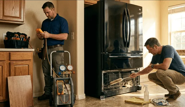 A homeowner brushing refrigerator coils alongside a professional technician using diagnostic gauges, representing top signs your home needs immediate appliance repair.