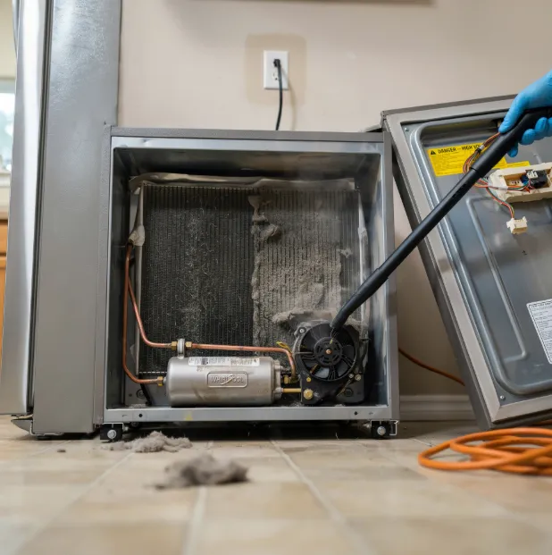 A technician vacuums thick dust and caliche buildup off a refrigerator's condenser coils and fan, illustrating one of the top signs your home needs immediate appliance repair to prevent compressor failure.