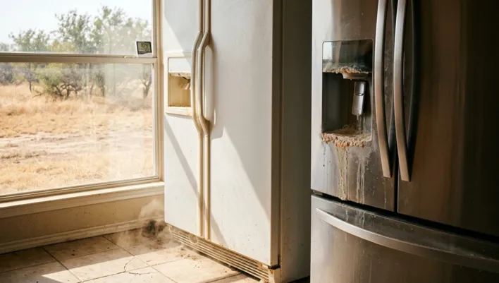 A concerned homeowner looking at a leaking black refrigerator pooling water on the kitchen floor, showcasing one of the top signs your home needs immediate appliance repair.