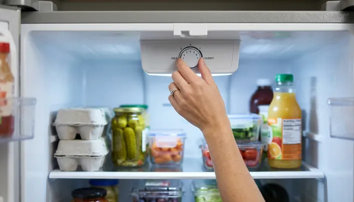 A close-up of a hand turning a refrigerator's internal temperature control dial toward "Coldest," pointing out one of the top signs your home needs immediate appliance repair when adjusting settings fails to drop the temperature.
