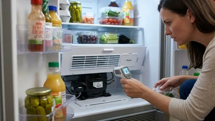 A concerned woman uses an infrared thermometer gun to check the internal temperature of an open refrigerator, pointing it toward the back panel to spot the top signs your home needs immediate appliance repair.